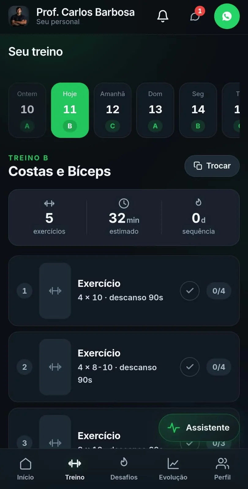Tela "Seu treino" do aluno: dias da semana, Treino B Costas e Bíceps, 5 exercícios com séries e descanso.